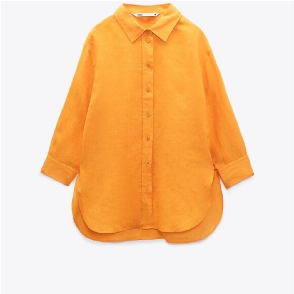 ZARA Linen Orange Button Down Collared Shirt NWT - image 2